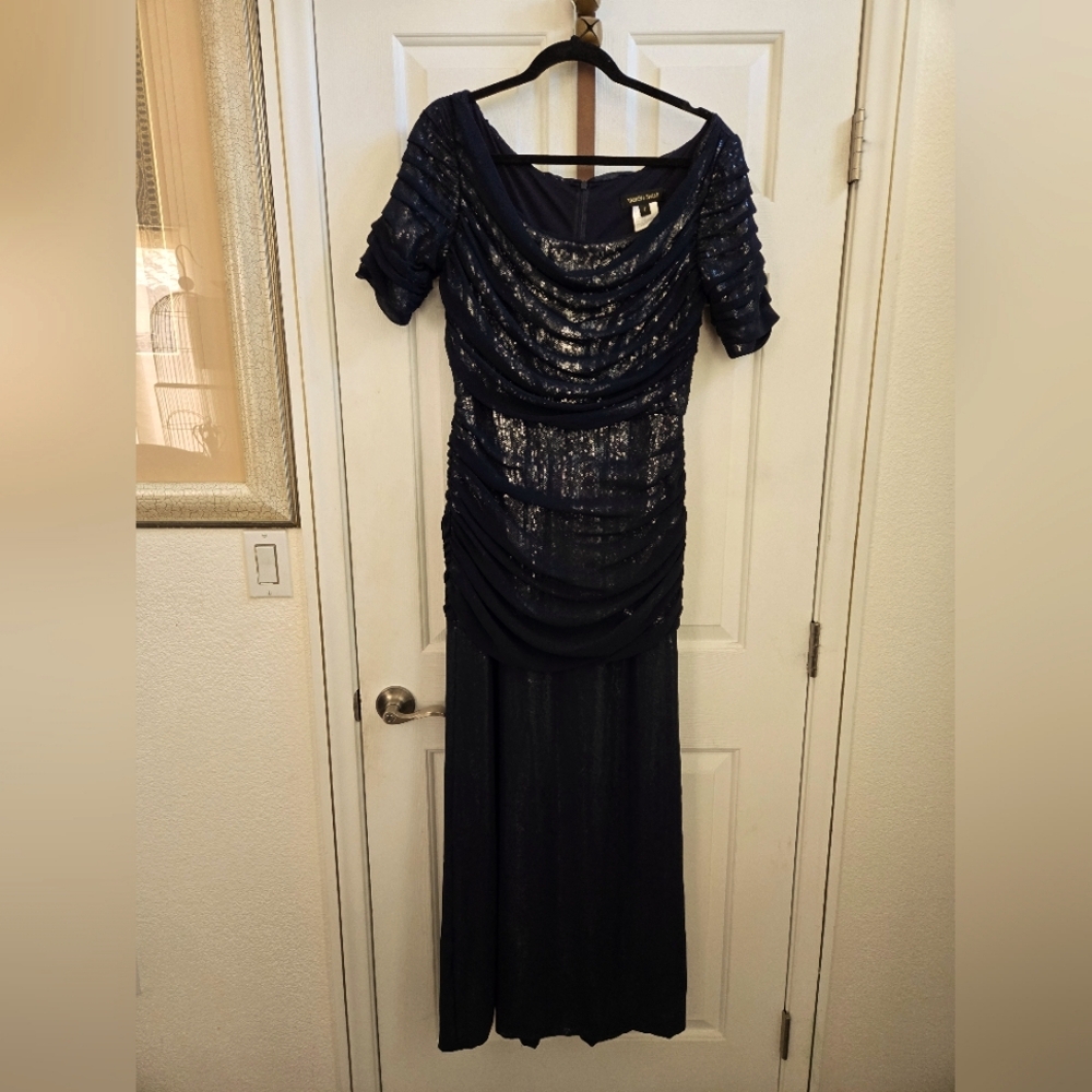 TADASHI SOHJI Navy Blue Gown with sequin lace.